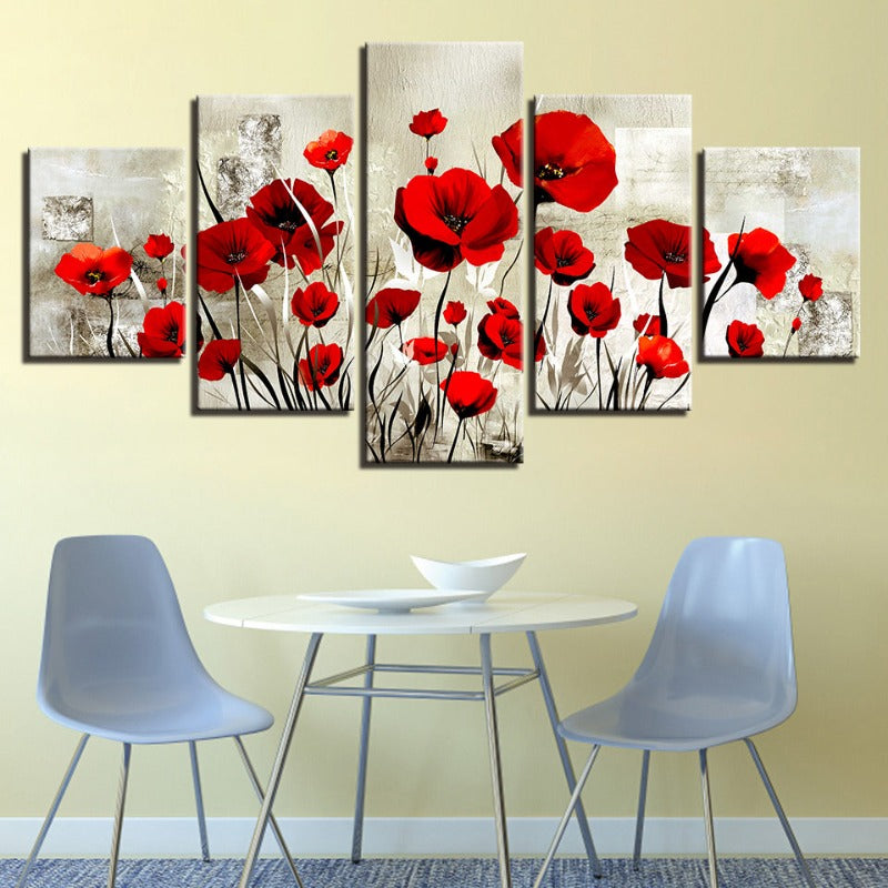 5 Stück Rote Tulpenblume - Leinwand Wandkunst Gemälde