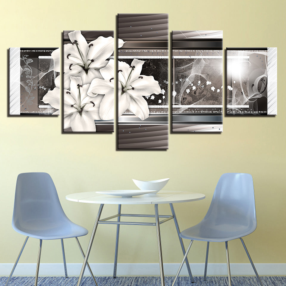 5-teiliges Weiß- und Silberblumen - Leinwand Wandkunst Gemälde