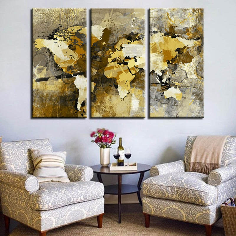 Schönes abstraktes gelb-braunes Weltkarte-Canvas-Wandkunst Gemälde 3 Stücke