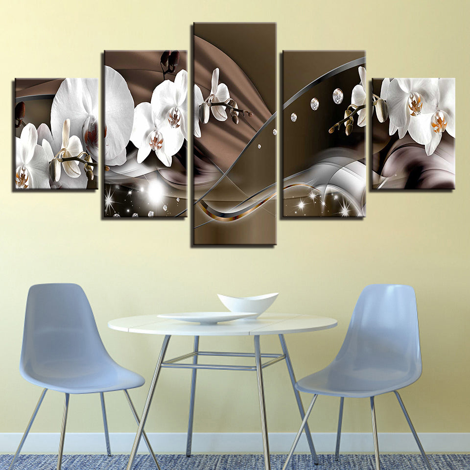 Formale Braune und Weiße Orchideen 5 Teile - Leinwand Wandkunst Malerei