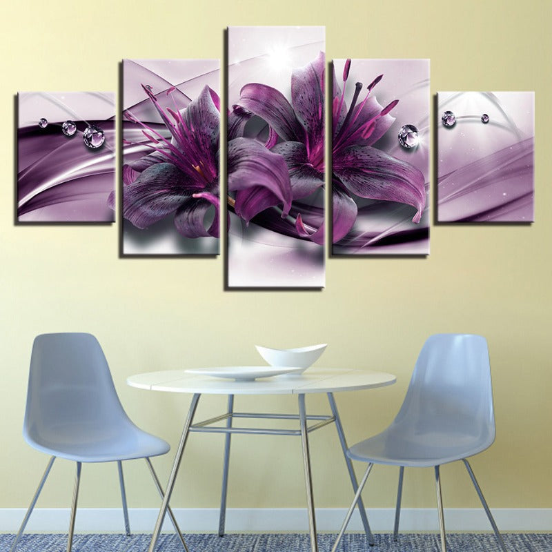 5-teilige lila Blüten - Leinwand Wandkunst Malerei