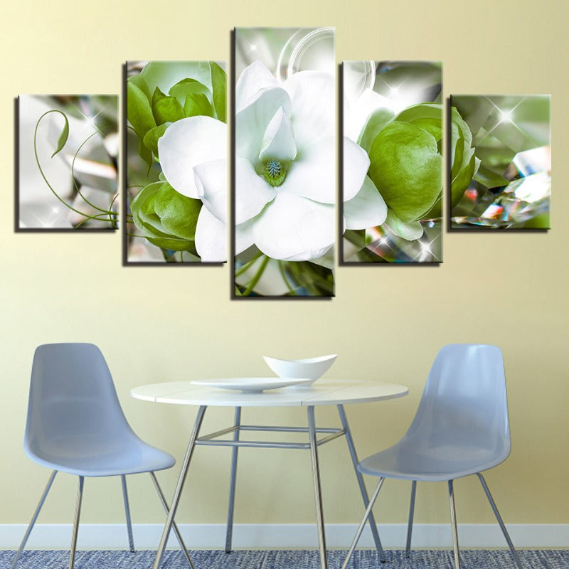 5-teiliges Grün Hintergrund Weiß Blumen - Leinwand Wandkunst Gemälde