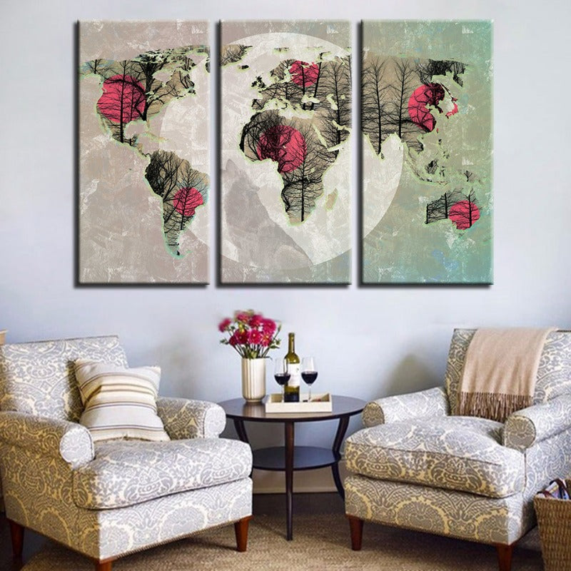Schöne abstrakte rosa Sonnen-Weltkarte-Canvas-Wandkunstgemälde 3 Teile