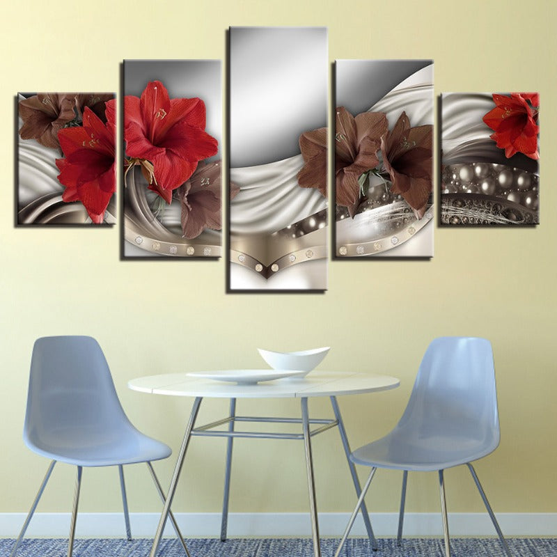 5-teilige braune & rote Hibiskusblume - Leinwand Wandkunst Gemälde