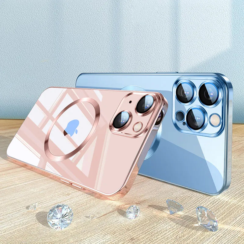 Galvanisierte, kabellose magnetische Ladehülle mit integriertem Objektiv für iPhone
