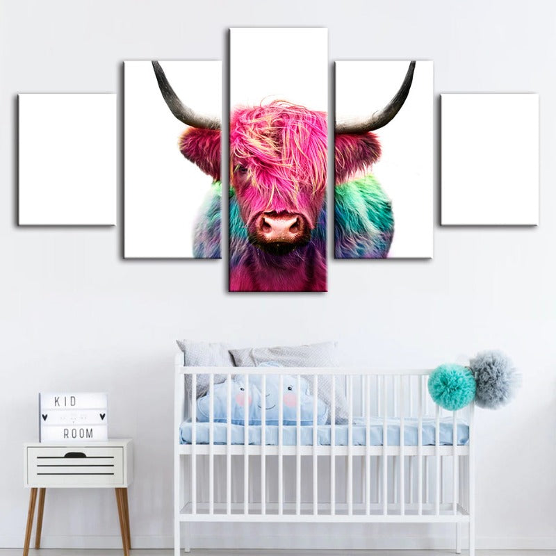 5-teilige bunte rosa Kuh - Leinwand Wandkunst Malerei