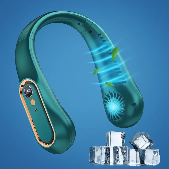 CoolEase | Tragbarer Nackenventilator – Federnloses freihändiges Kühlen – Fünf Geschwindigkeiten USB-C – Reisen Büro Shuttle Karnz