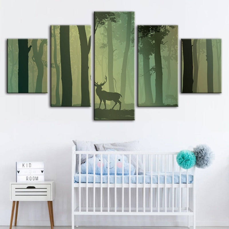 5-teilige verzauberte grüne Silhouetten-Hirsch - Leinwand Wandkunst Malerei