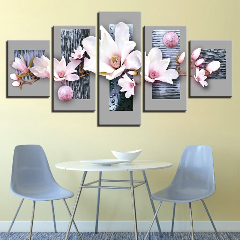 5 Stück Blau Holz Hintergrund Pink Farb Blume - Leinwand Wand Kunst Malerei