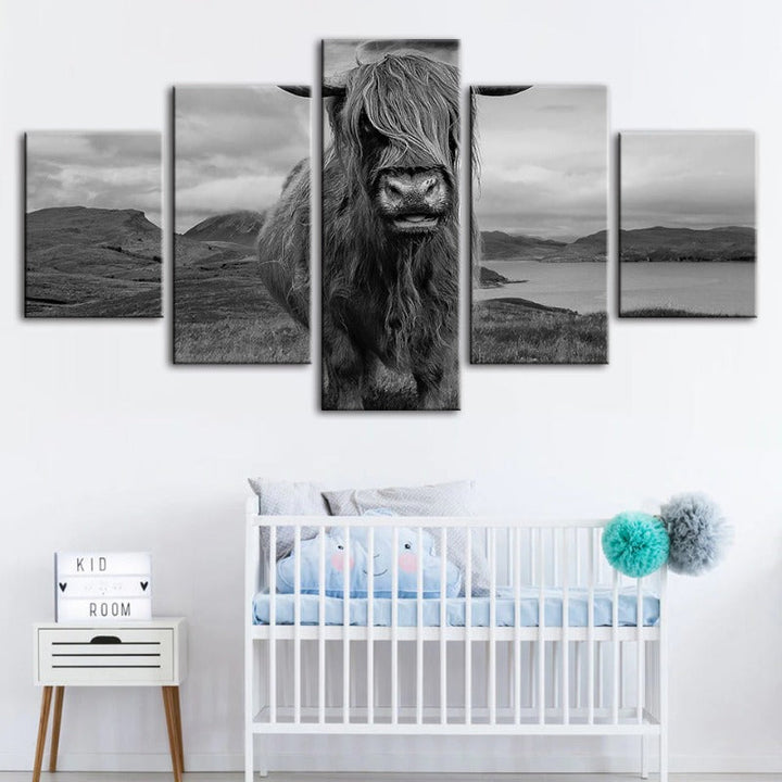 5-teiliges schwarz-weißes Kuh - Leinwand Wandkunst Gemälde