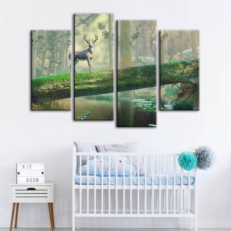 4-teiliges Verzaubertes Wald Reh - Leinwand Wandkunst Gemälde
