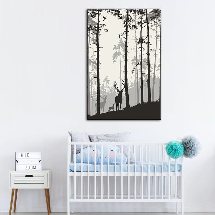 Silhouette einer Hirschfamilie – Leinwandbild