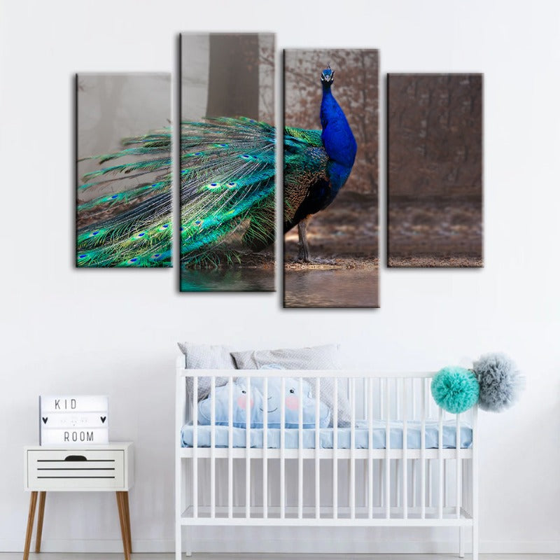4-teiliges lebhaftes Pfau am Teich - Leinwand Wandkunst Gemälde