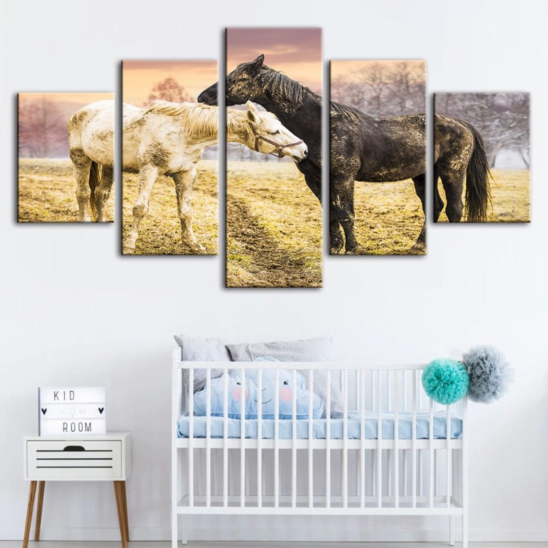 5 Stück Schwarz & Weiß Pferde - Leinwand Wandkunst Malerei