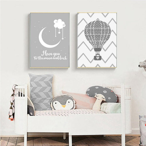 Kinderzimmer-Poster „Ich liebe dich bis zum Mond und zurück“ mit Heißluftballon