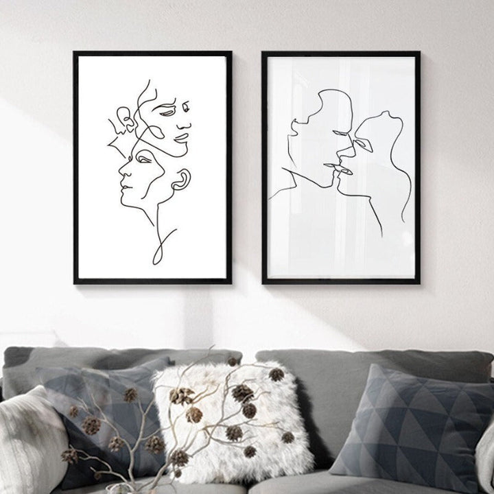 Abstract Love Kiss Schwarz und Weiß Linien Poster - Leinwand Wandkunst Gemälde