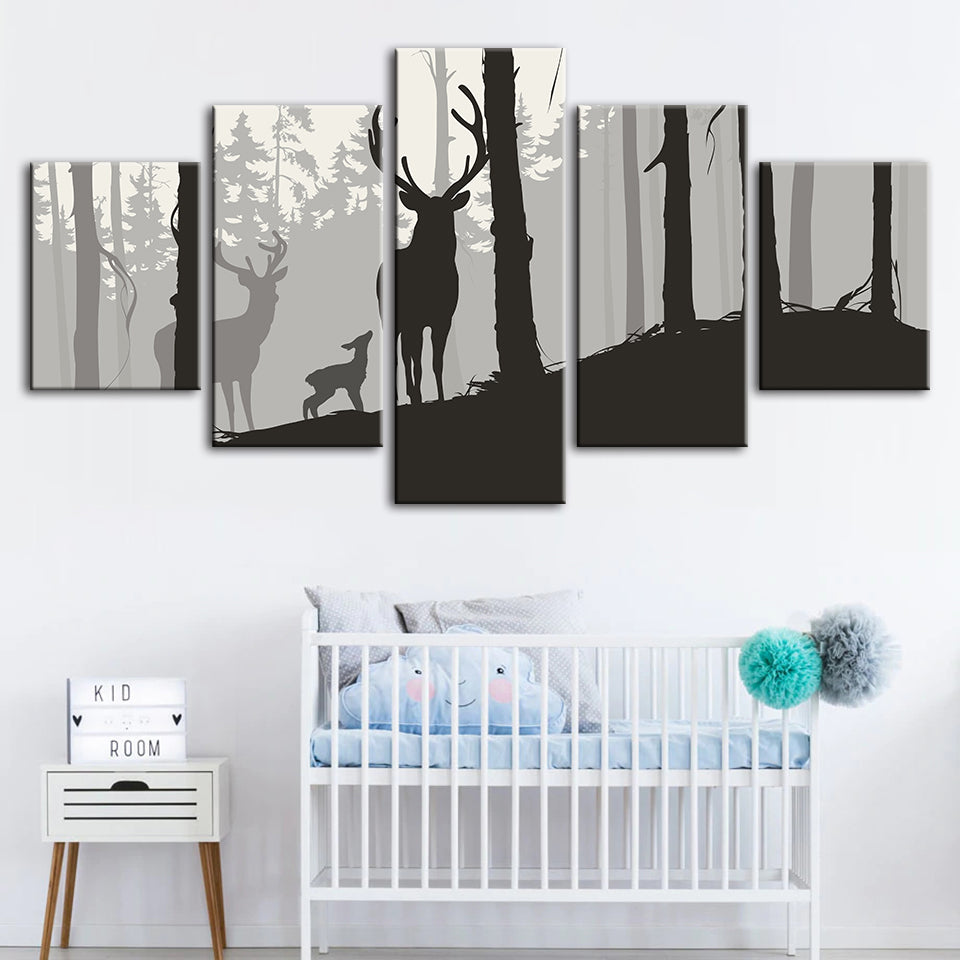 Silhouette einer Hirschfamilie, 5-teilig - Leinwandbild