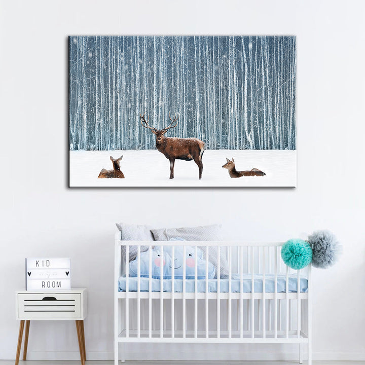 Zwei Rehe und ein Hirsch im Winter - Leinwandbild