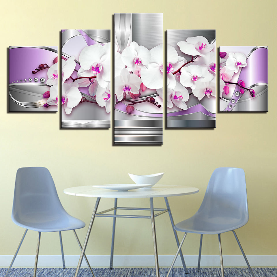 Metallic Weiße und Lila Orchideen 5 Stück - Leinwand Wandkunst Gemälde
