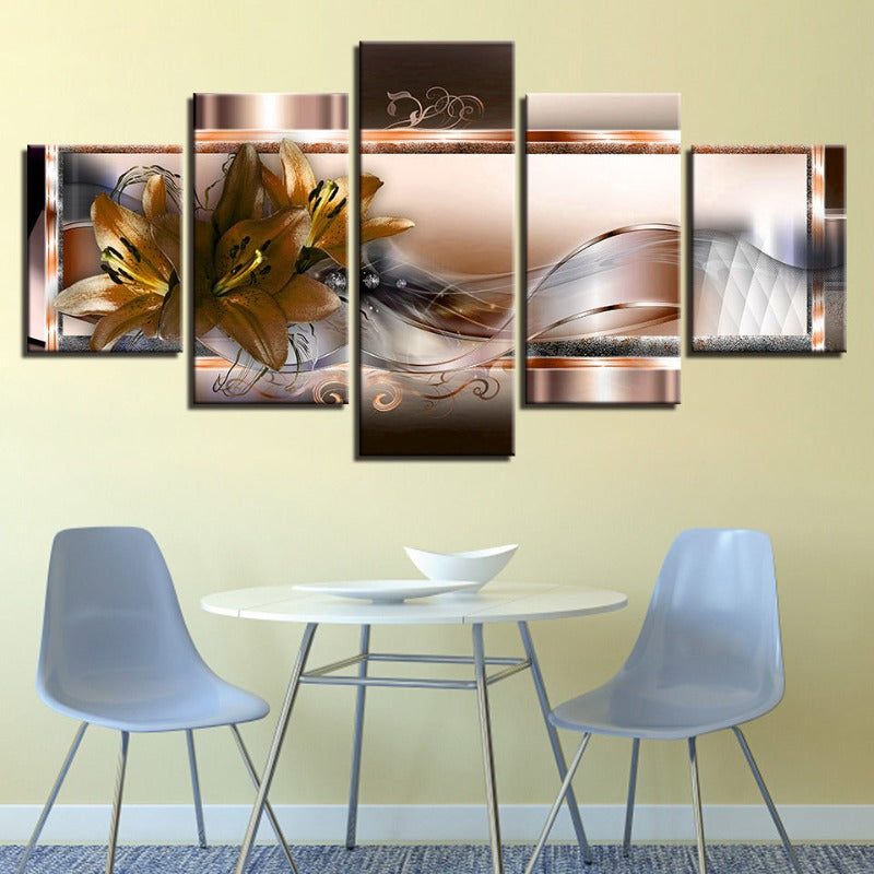 5 Stück Golden Flower - Leinwand Wandkunst Gemälde