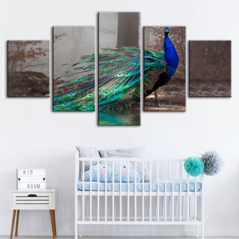 5 Stück Lebhafte Pfau am Teich - Leinwand Wandkunst Gemälde