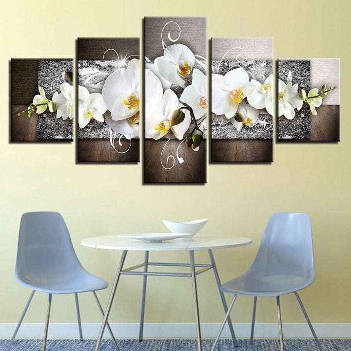 5-teiliges Leinwandbild mit silbernem Hintergrund und weißen Blumen