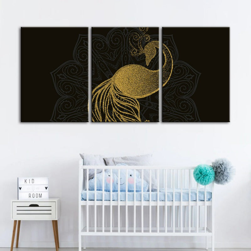 Abstraktes Goldenes Mandala Pfau - Leinwand Wandkunst Gemälde 3 Teile