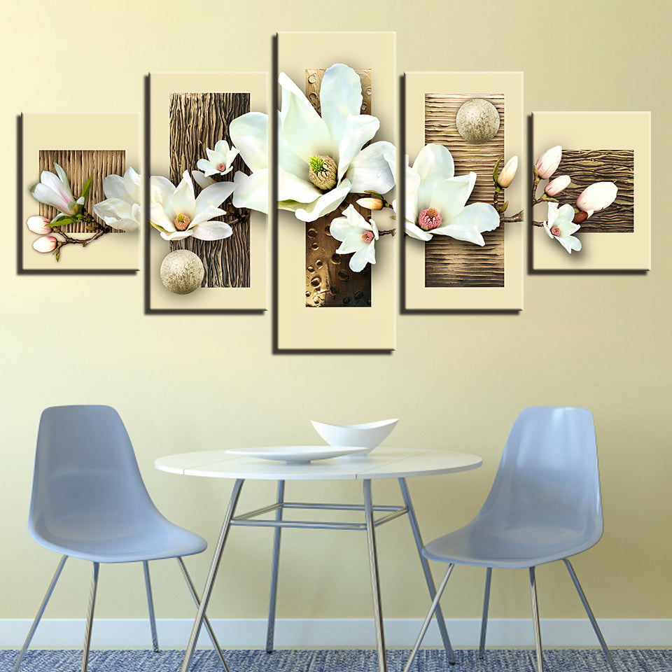 5-teiliges Leinwandbild mit strukturierten, mehrfarbigen Magnolien