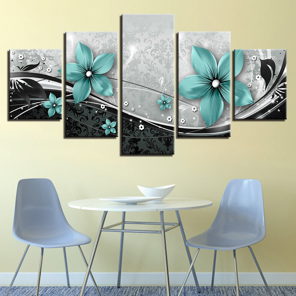 5-teiliges Leinwandbild mit verzierten blauen Blumen