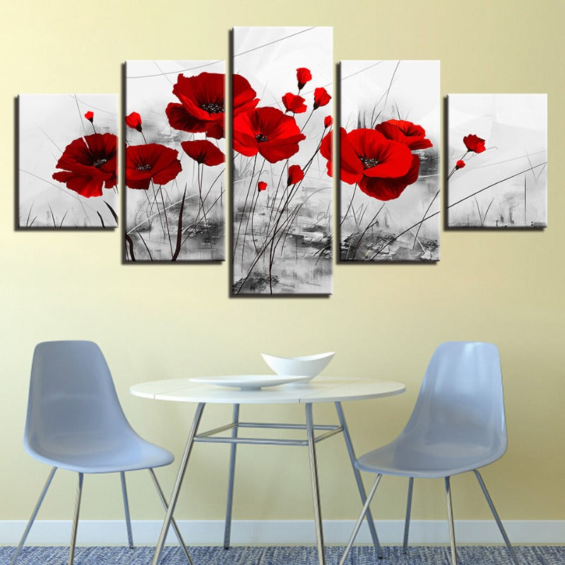 5-teiliges Wandbild mit roter Blume auf weißem Hintergrund - Leinwandkunst