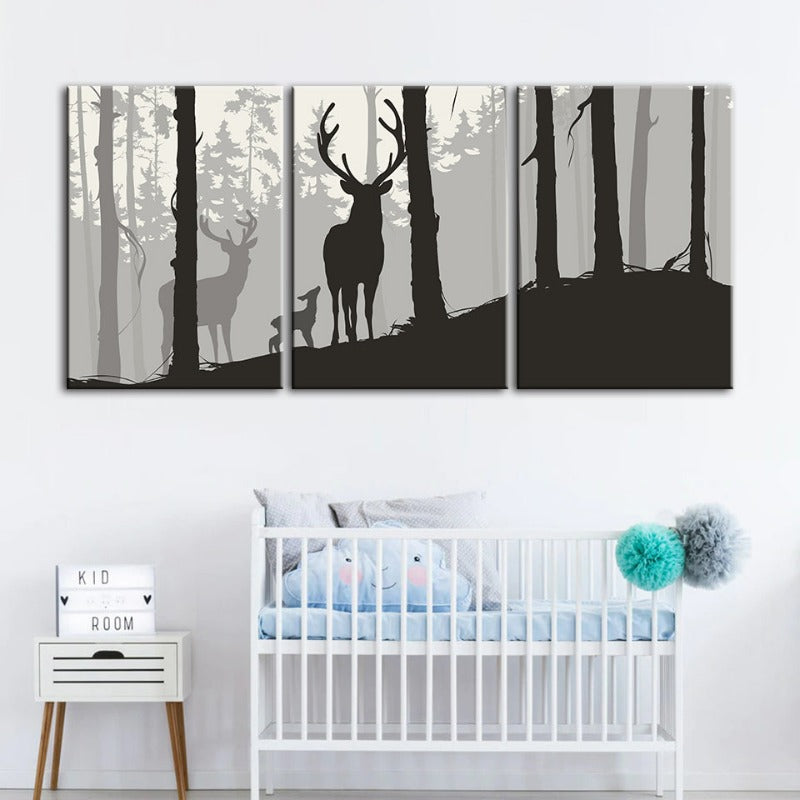 Silhouette einer Hirschfamilie – Leinwandbild, 3-teilig