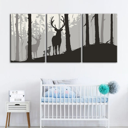 Silhouette einer Hirschfamilie – Leinwandbild, 3-teilig