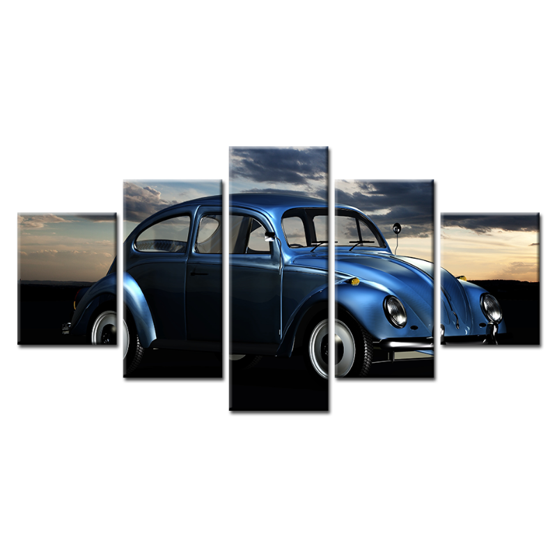 5 Stück Dunkelblaue Alte Vintage-Auto - Leinwand Wandkunst Gemälde