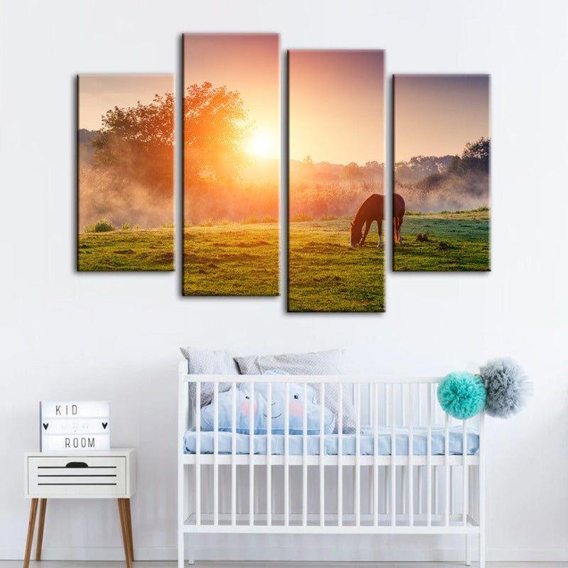 4-teilige Sonnenaufgang Weidepferd - Leinwand Wandkunst Malerei