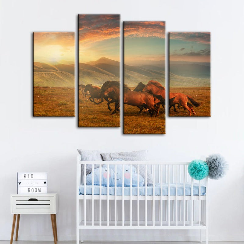 4 Stück Laufende Pferde Mit Schönem Landschaft - Leinwand Wand Kunst Malerei