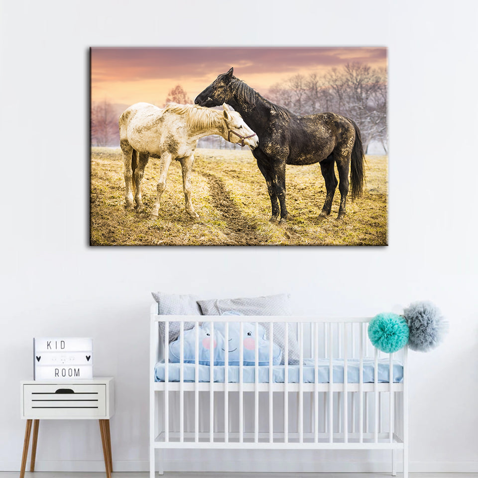 Schwarze & Weiße Pferde - Leinwand Wandkunst Gemälde