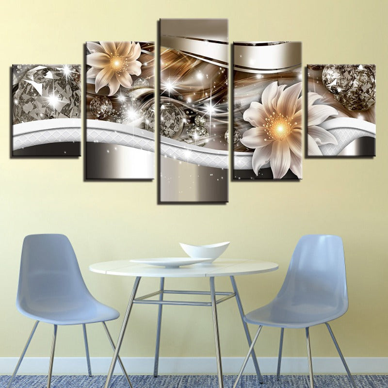 5-teiliges Golden Glow Hue Weiße Blume - Leinwand Wandkunst Gemälde