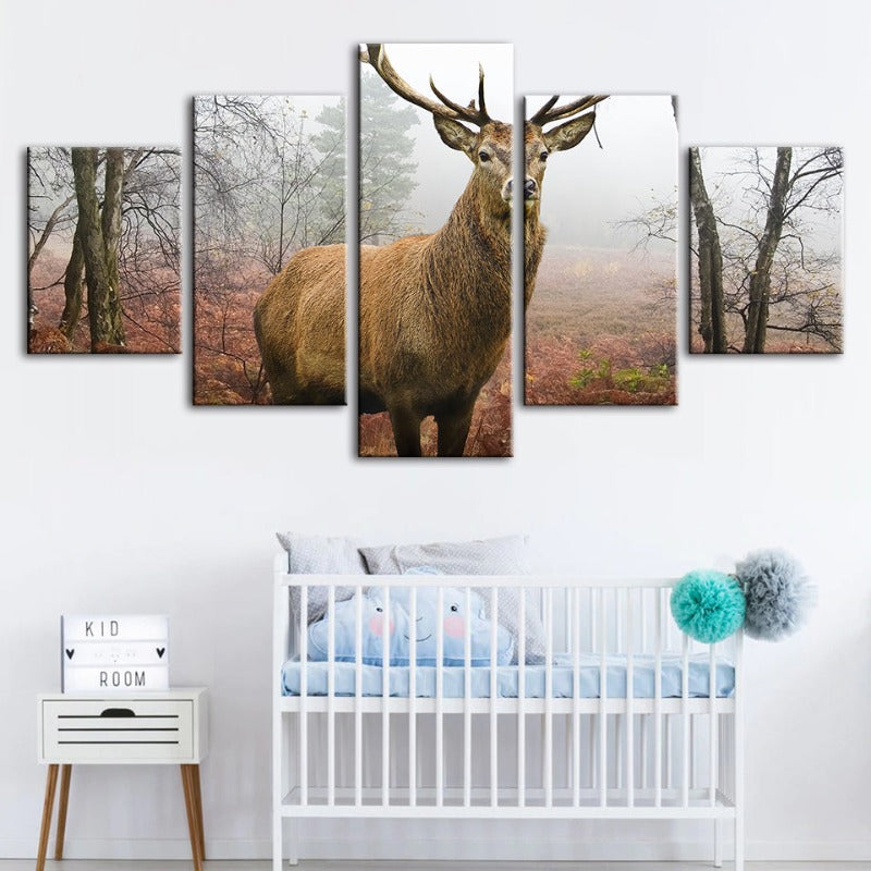 5 Stück Nebel Herbst Reh - Leinwand Wandkunst Gemälde