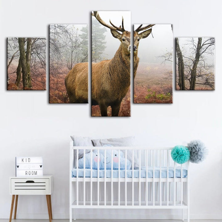 5 Stück Nebel Herbst Reh - Leinwand Wandkunst Gemälde