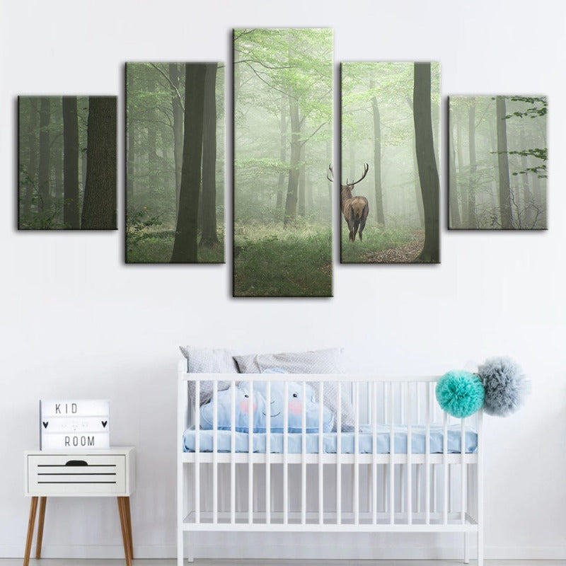 5 Stück Nebel Mystische Rehe Im Wald - Leinwand Wandkunst Gemälde