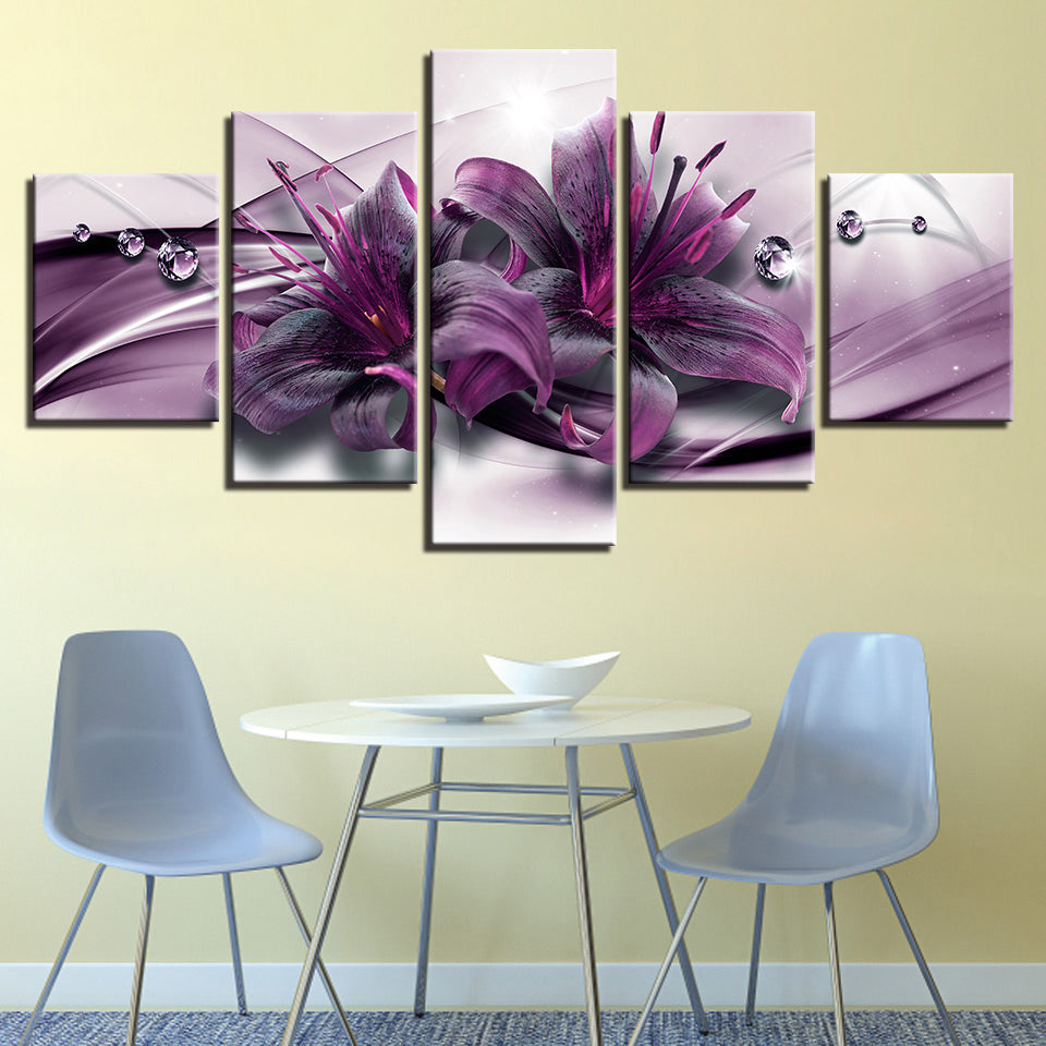 Tiefviolette Lilien, 5-teiliges Leinwandbild