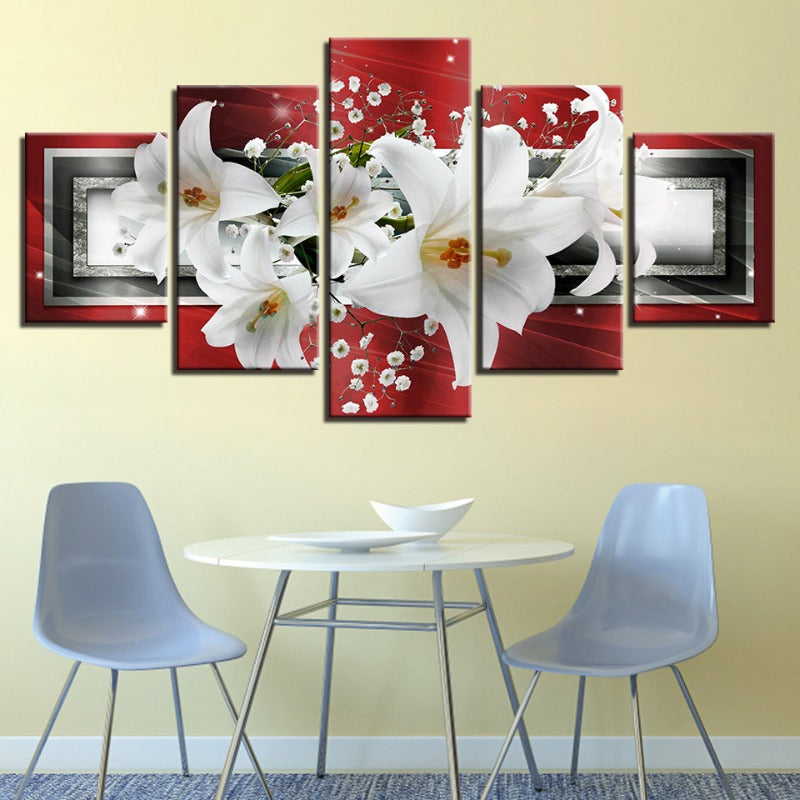 5 Stück Roter Hintergrund Weißer Tulpenblumen - Leinwand Wandkunst Gemälde