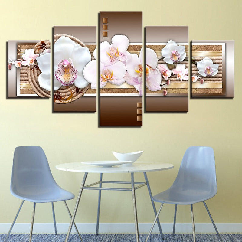5-teiliges Metallic-Hintergrund Weißer Blume - Leinwand Wandkunst Gemälde