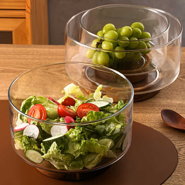 Glas-Schüssel mit Holzsockel – Elegant und dekorativ | Perfekt für Obst, Snacks und Salate in der Küche | Karnz