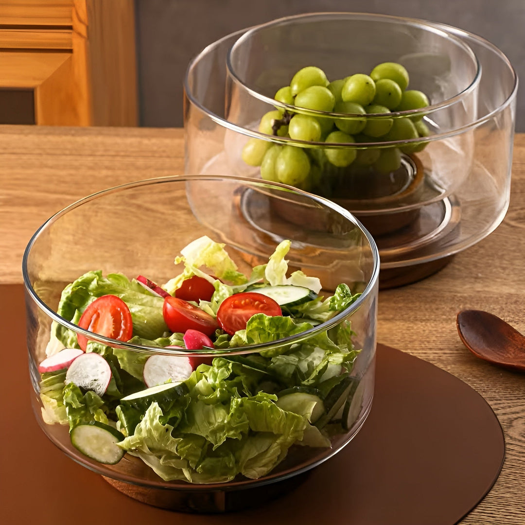 Glas-Schale mit Holzsockel – Elegant und dekorativ | Perfekt für Obst, Snacks und Salate in der Küche