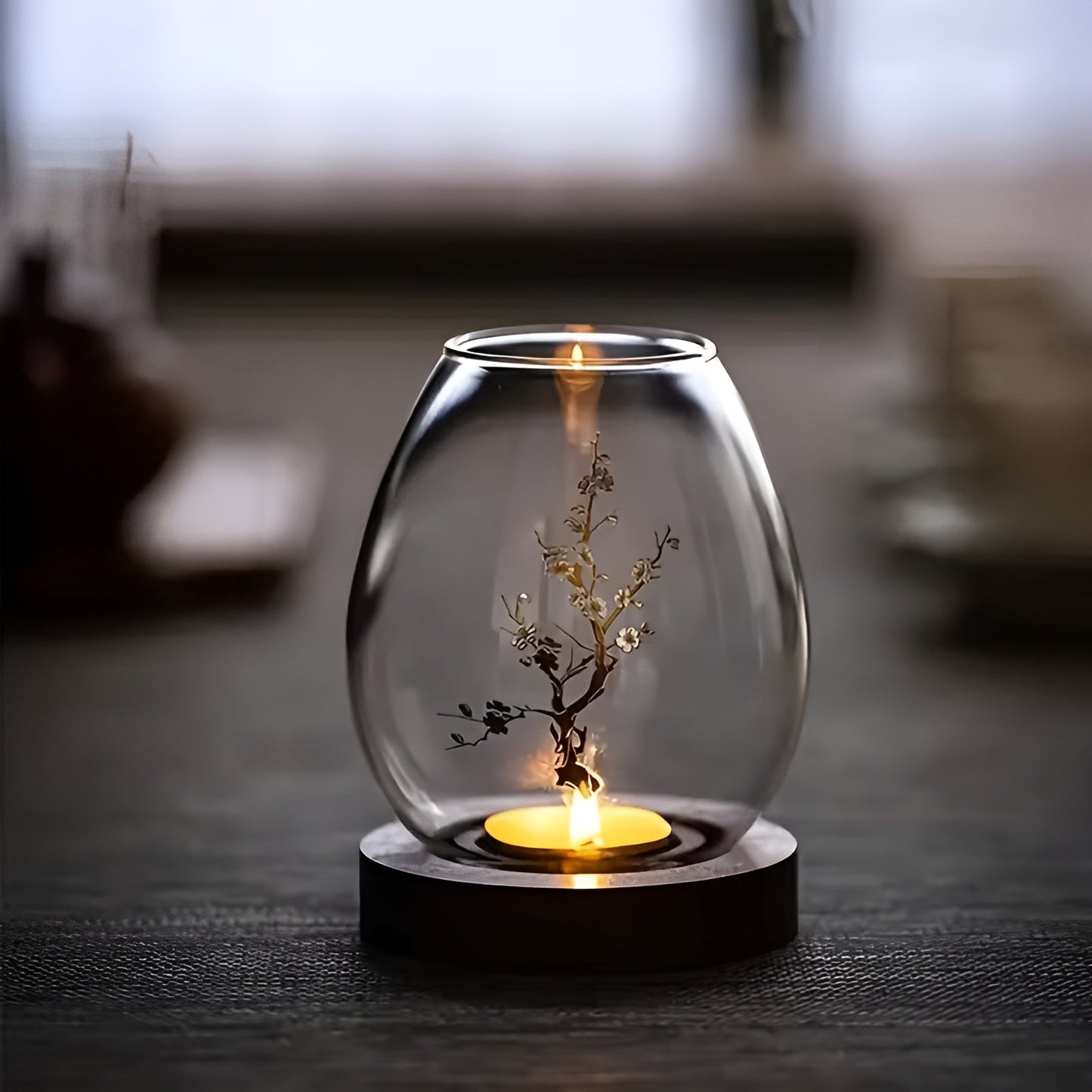 2-teiliges Set aus Glaskerzenhaltern mit Holzsockel – dekorativ im Retro-Zen-Stil | Perfekt für Wohnzimmer, Terrasse und Außenbereich