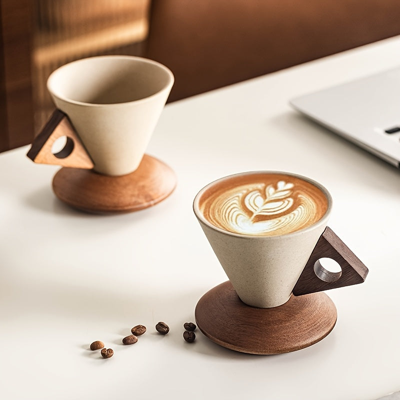 BaristaLuxe Keramische Kaffeetasse 250ml – Handgemacht mit Holzgriff und Untersetzer | Karnz