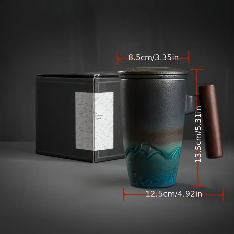 Karnz | TeaCraft Ceramic Mug | Handcrafted | With Tea Filter and Wooden Handle | Retro Design