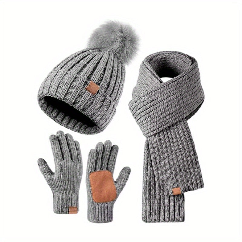 3-in-1-Strickwinterset mit Mütze, Schal und Touchscreen-Handschuhen