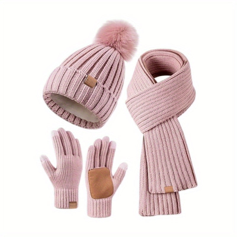 3-in-1-Strickwinterset mit Mütze, Schal und Touchscreen-Handschuhen